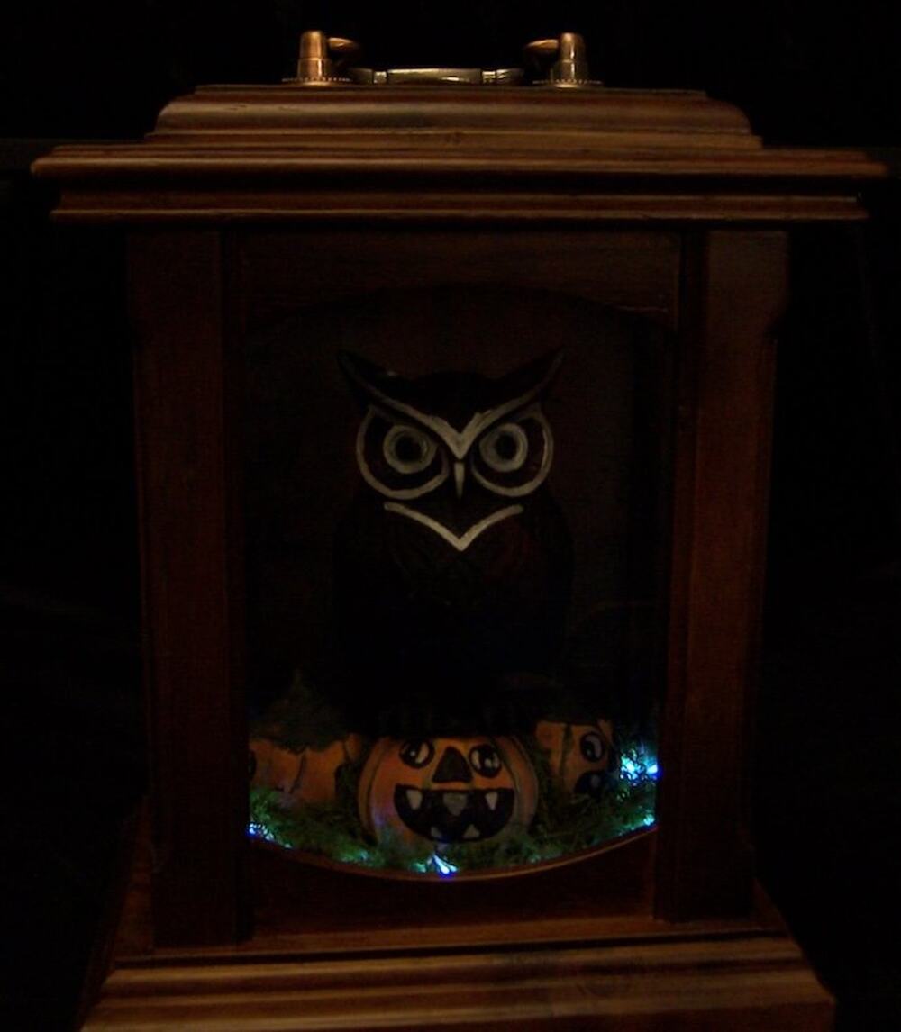 OOAK Upcycled VTG Lantern Halloween Diorama Lit Owl & Jack-o'-Lantern w/Remote